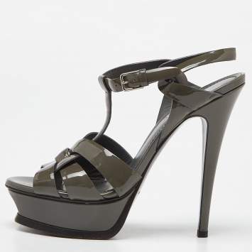 Pre Owned Yves Saint Laurent Grey Patent Leather Tribute Sandals Size 37