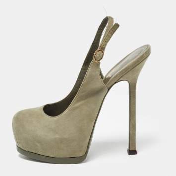 Pre Owned Yves Saint Laurent Army Green Suede Tribtoo Slingback Pumps Size 35