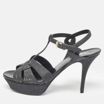 Pre Owned Yves Saint Laurent Black Glitter Crystal Embellished Tribute Sandals Size 39