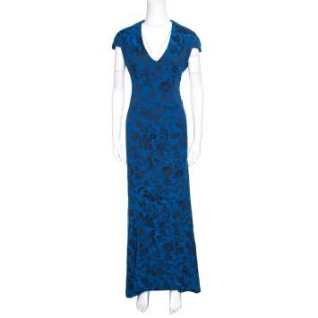 Pre Owned Zac Posen Royal Blue Floral Jacquard Cap Sleeve Mermaid Gown XL