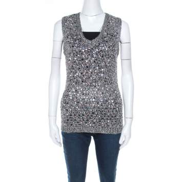 Pre Owned Zac Posen Grey Sequin Paillette Embellished Knit Vest L