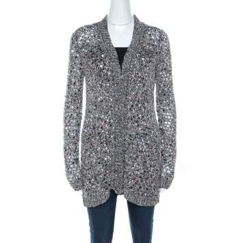 مملوكة مسبقًا Zac Posen Silver Sequin Embellished Knit Long Sleeve Cardigan L 