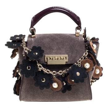 Pre Owned Zac Posen Grey/Burgundy Suede and Patent Leather Mini Eartha Iconic Top Handle Bag