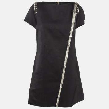 Pre Owned Zadig & Voltaire Black Textured Cotton Blend Trim Detail Studded Mini Dress M