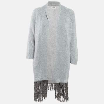 Pre Owned Zadig & Voltaire Delux Grey Cashmere Knit Open Front Fringed Cardigan XS/S