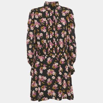 Pre Owned Zadig & Voltaire Black Floral Print Silk Pleated Rabbi Peonies Show Short Dress L