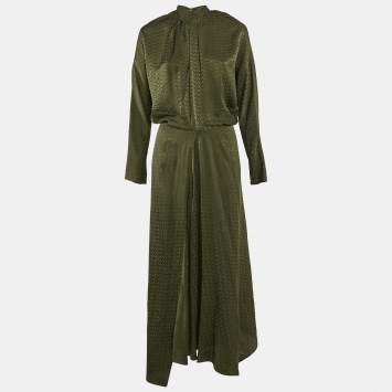 Pre Owned Zadig & Voltaire Green Logo Jacquard Silk Asymmetric Tie-Up Detail Midi Dress M