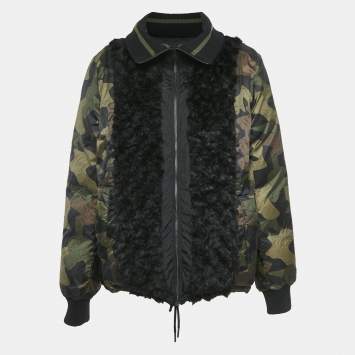 Pre Owned Zadig & Voltaire Black/Green Printed Fur Trim Nylon Reversible Kitch Jacket M