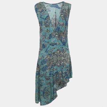 Pre Owned Zadig & Voltaire Blue Root Print Raw Edge Detail Asymmetric Dress S