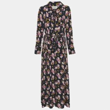 Pre Owned Zadig & Voltaire Black Peonies Print Silk Pleated Button Front Maxi Dress XS