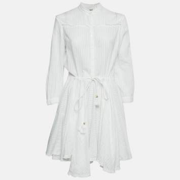 Pre Owned Zadig & Voltaire White Striped Lace Trim Cotton Mini Dress L