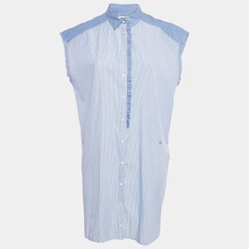 Pre Owned Zadig & Voltaire Blue Stripe Cotton Button Front Ruffled Rilt Mini Dress S