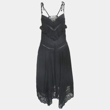 Pre Owned Zadig & Voltaire Black Cotton Lace Trimmed Tie-Up Detail Asymmetric Midi Dress XS