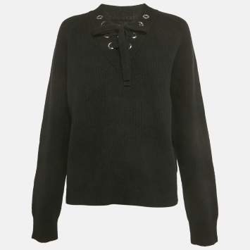 Pre Owned Zadig & Voltaire Black Rib Knit Lace-Up Kassy Sweater M