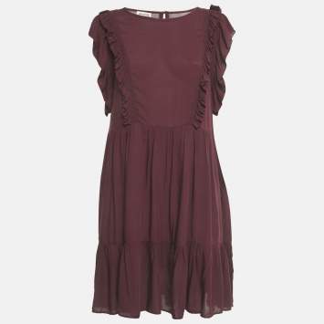 Pre Owned Zadig & Voltaire Burgundy Crepe Ruffled Rousseau Dress S