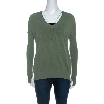Pre Owned Zadig and Voltaire Olive Green Perforated Knit Preppy Ve Sweater M