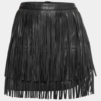 Pre Owned Zadig and Voltaire Black Fringed Leather Mini Skirt M