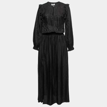 Pre Owned Zadig and Voltaire Black Textured Satin Ruffled Maxi Dress XS