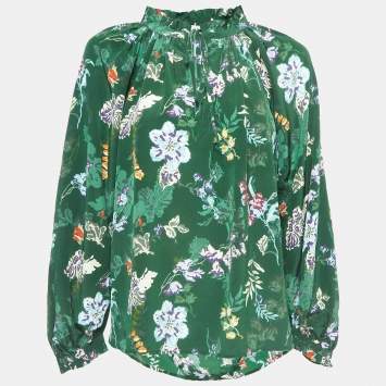 Pre Owned Zadig & Voltaire Green Floral Printed Silk Blouse S