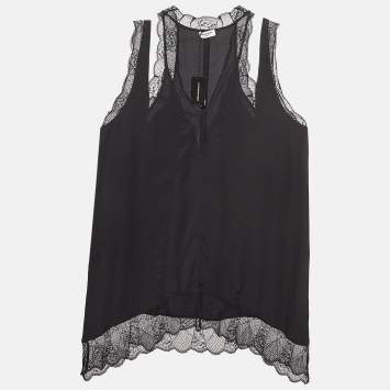 Pre Owned Zadig & Voltaire Black Silk Lace Trim Mini Dress L