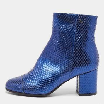 Pre Owned Zadig & Voltaire Blue Python Embossed Leather Block Heel Ankle Length Boots Size 36