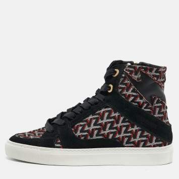 Pre Owned Zadig & Voltaire Black/Burgundy Leather and Suede High Top Sneakers Size 36