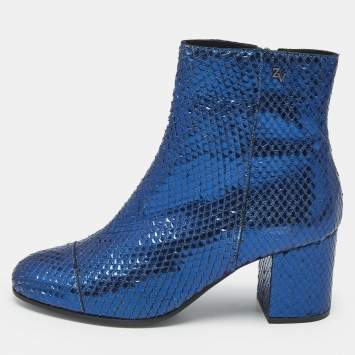مملوكة مسبقًا Zadig & Voltaire Metallic Blue Python Embossed Leather Lena Ankle Boots Size 37
