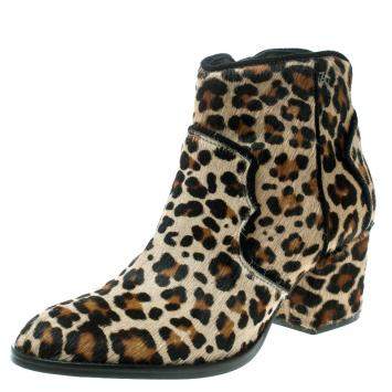 Pre Owned Zadig and Voltaire Brown Leopard Print Calf Hair Molly Leo Cowboy Boots Size 37