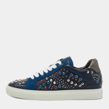 Pre Owned Zadig and Voltaire Tricolor Studded Leather and Suede Jungle Clous Sneakers Size 38