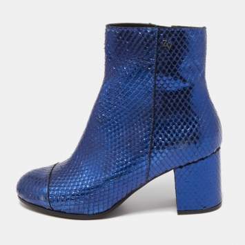 Pre Owned Zadig & Voltaire Blue Python Embossed Leather Block Heel Ankle Booties Size 36