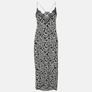 Pre Owned Zadig & Voltaire Black/White Hearts Risty Print Silk and Lace Trim Midi Slip Dress L