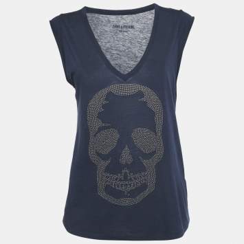 Zadig & Voltaire Navy Blue Skull Stud Cotton and Modal Knit Brooklyn Strass Top S