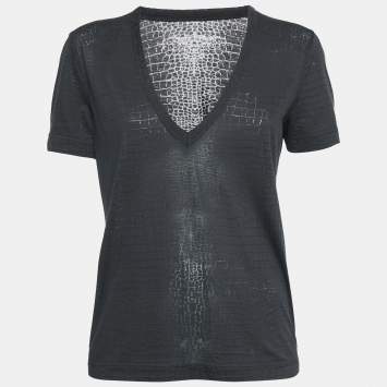 Pre Owned Zadig & Voltaire Dark Grey Reptile Print Knit V-Neck Top S