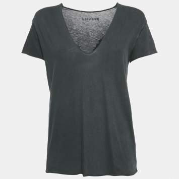 Zadig & Voltaire Charcoal Grey Cotton Knit V-Neck Story Fishnet Top S