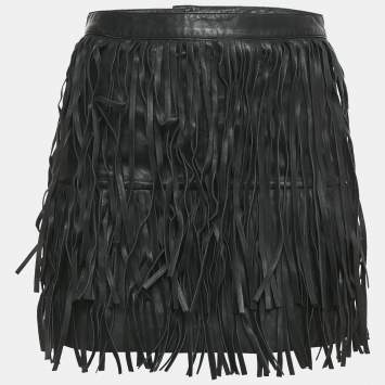 Pre Owned Zadig & Voltaire Black Leather Fringed Mini Skirt S