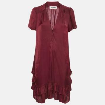 Pre Owned Zadig & Voltaire Burgundy Satin V-Neck Ruffled Short Dress M