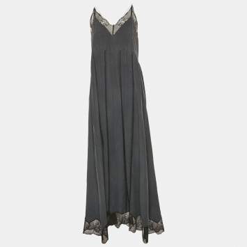 Pre Owned Zadig & Voltaire Grey Lace Trim Silk Maxi Ralla Dress L
