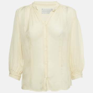 Pre Owned Zadig & Voltaire Deluxe Cream Patterned Silk Tack Dob Blouse S