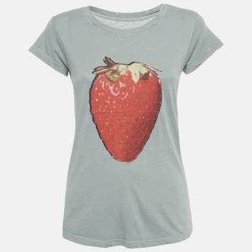 Pre Owned Zadig & Voltaire Green Strawberry Print Cotton Blend Distressed T-Shirt S
