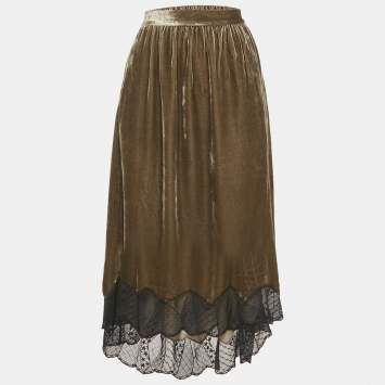 مملوكة مسبقًا Zadig & Voltaire Green Lace Trim Velvet Joslin Midi Skirt M