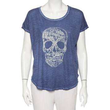 Pre Owned Zadig & Voltaire Blue Skull Printed Pigmented Cotton Rica Oversized T-Shirt S