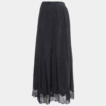 Pre Owned Zadig & Voltaire Midnight Blue Star Patterned Silk Lace Trimmed Skirt S