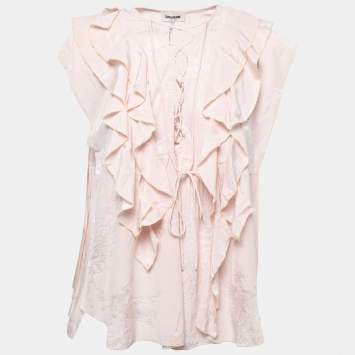 Pre Owned Zadig & Voltaire Pink Silk Lace Tie Detail Ruffled Top L