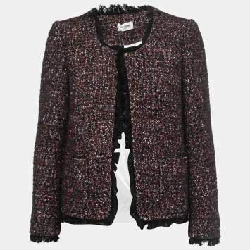 Pre Owned Zadig and Voltaire Black/Red Tweed Fringed Open Front Jacket M
