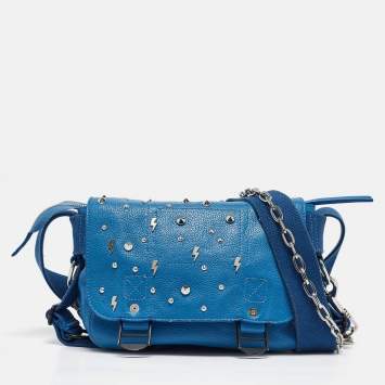 Pre Owned Zadig & Voltaire Blue Studded Leather Flap Crossbody Bag