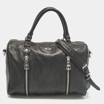 Pre Owned Zadig & Voltaire Black Leather Zip Boston Bag
