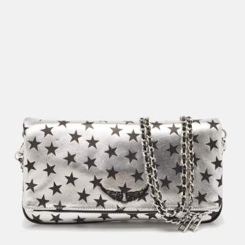 Pre Owned Zadig & Voltaire Silver/Black Leather Circus Star Rock Foldover Clutch Bag