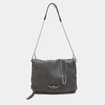 Pre Owned Zadig & Voltaire Grey Leather Rock Chain Link Pochette Shoulder Bag