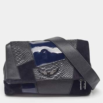 Zadig & Voltaire Black/Navy Blue Leather and Suede Patchwork Flap Shoulder Bag