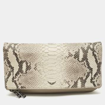 Zadig & Voltaire Grey Python Embossed Leather Rock Foldover Clutch Bag